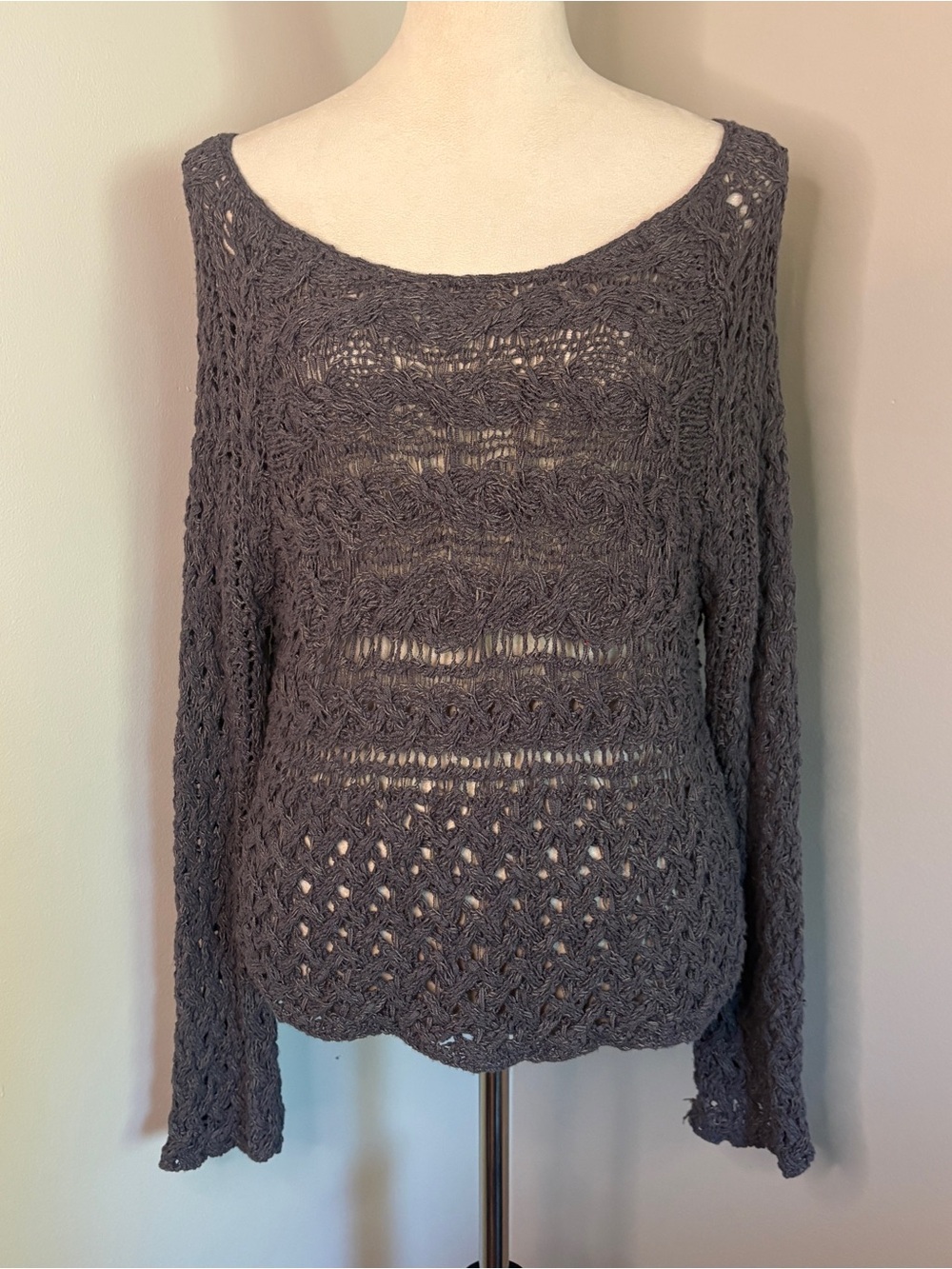 Free People Open-Knit Crochet Slouchy Sweater Charcoal Gray Gothic Boho Large